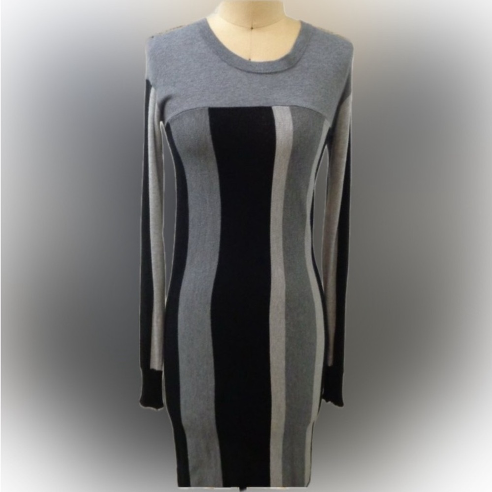 BCBGMaxAzria Black & Grey Striped Long Sleeve Sweater Dress